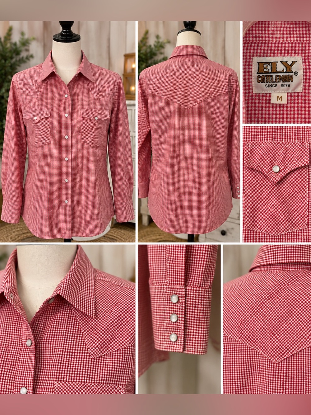 ELY Cattleman Western Shirt Red White Gingham Pearl Snap Size M Cowboy Ranch